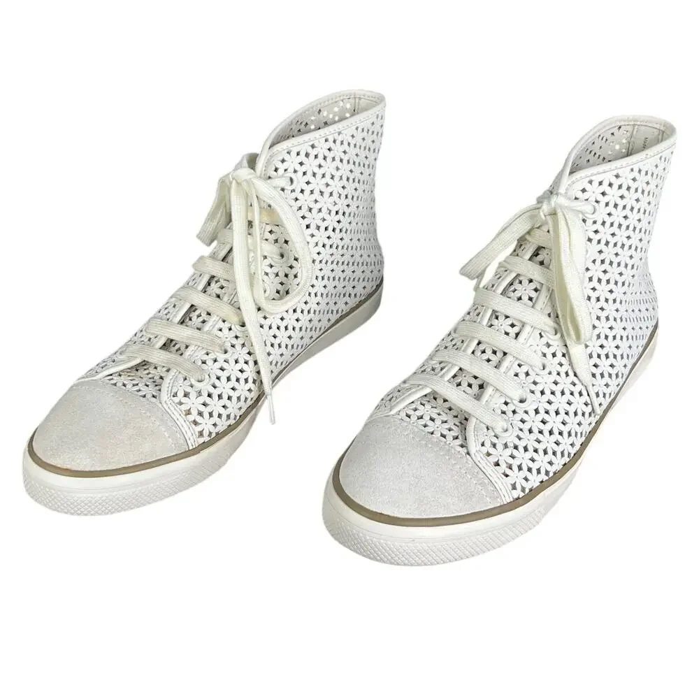Tory Burch Women’s White Leather Perforated High Top Sneaker Size US 11